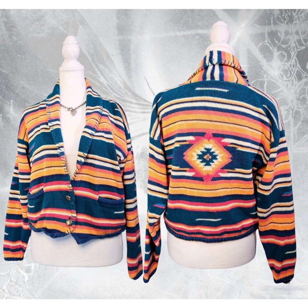 VTG Santa Fe Aztec Navejo Print Know Cardigan Jacket Concho Buttons Cowl Small